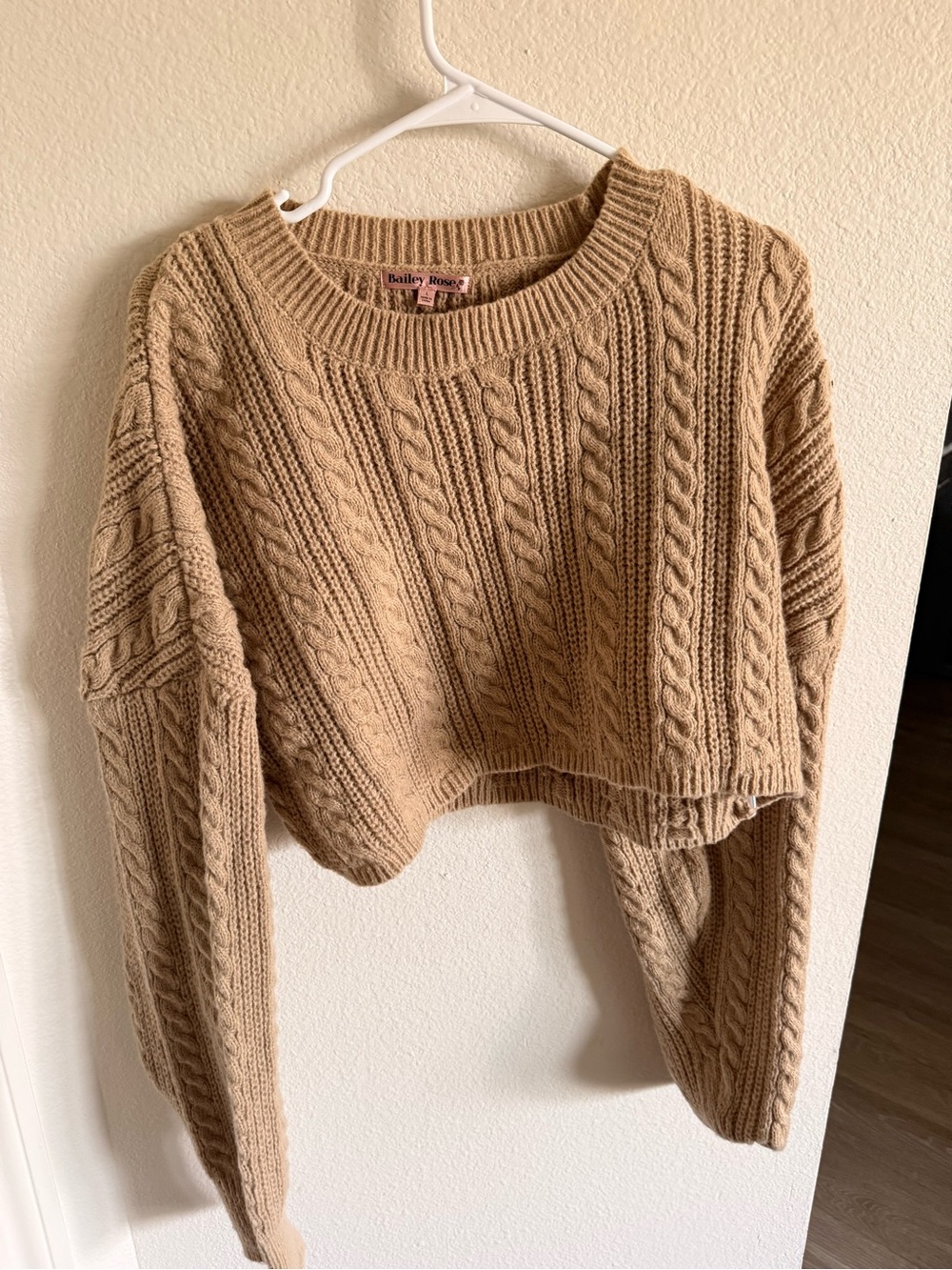 Cropped Cable Knit Sweater in Tan